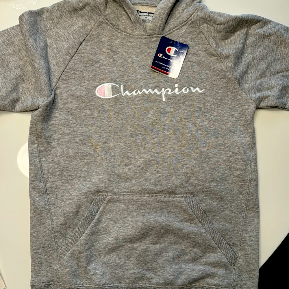 BIG KIDS YOUTH XL grey Champion hoodie with pink accent logo.Brand new with tags